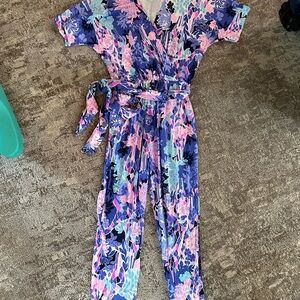 Floral Wrap Jumpsuit in Navy, Pink & Teal